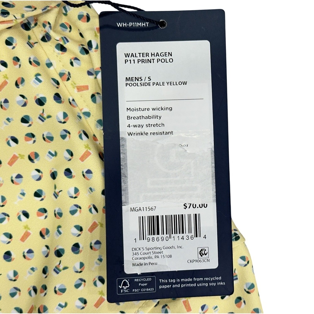 Walter Hagen Performance 11 Poolside Pale Yellow Print Polo Golf Stretch Mens S - Picture 5 of 10